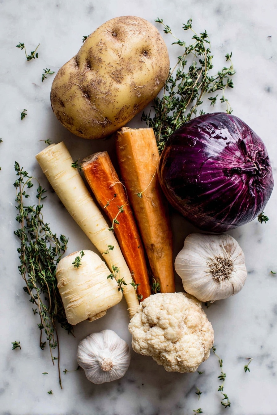 Flat lay of large golden russet potato with rough skin, smooth orange sweet potato, vibrant bright orange carrots, creamy white parsnip with pale yellow hints, knobby off-white celeriac with rough texture, glossy deep purple onion bulb halved to show layers, fresh green thyme sprigs scattered naturally, and plump white garlic cloves with papery skins, all arranged with natural spacing and soft shadows, placed on white marbled surface, photo taken with an iphone --ar 2:3 --v 7