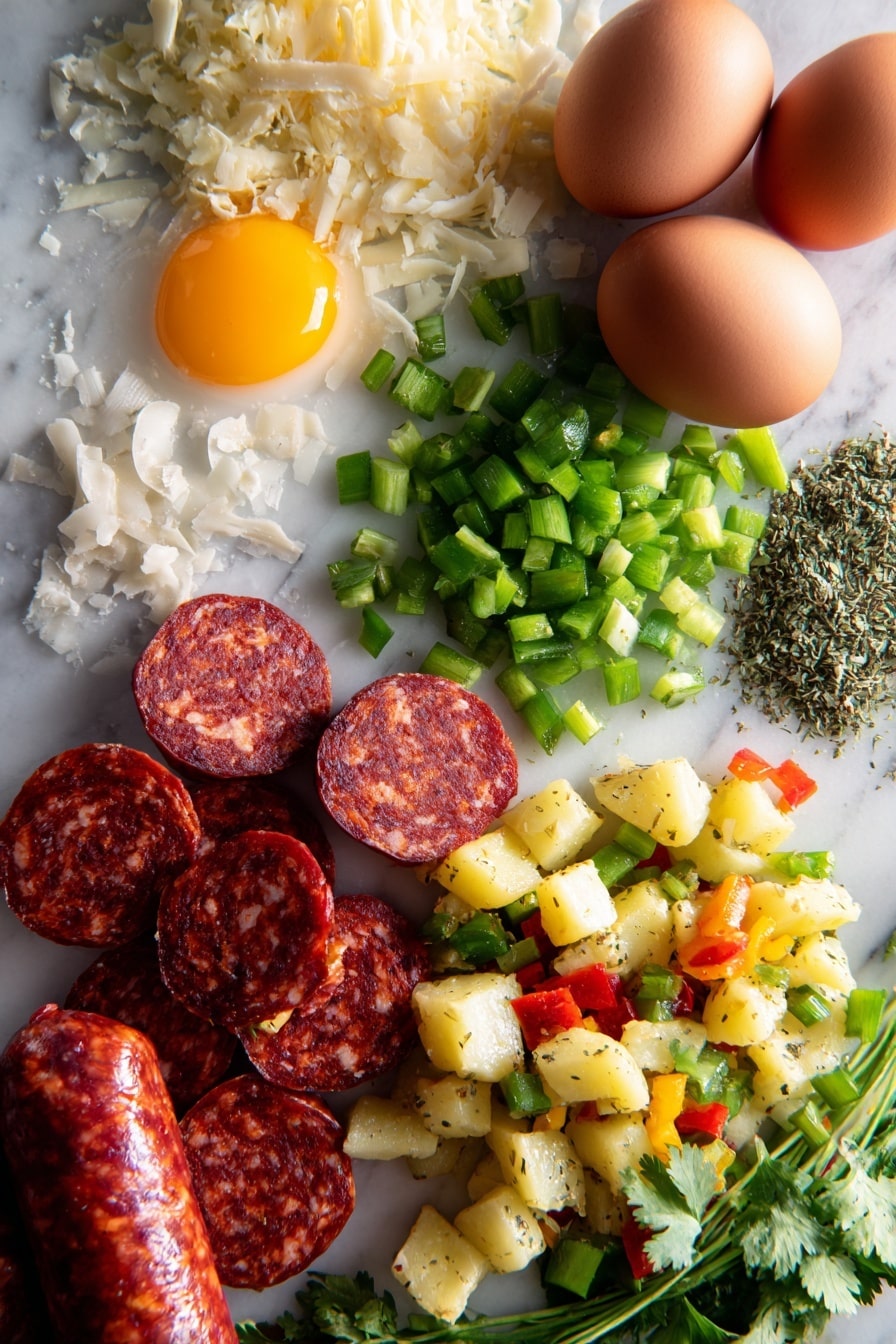Southwest breakfast casserole - Flat lay of fresh chorizo sausage with its rich reddish-brown color and slightly coarse texture, bright green diced fresh chiles glistening with moisture, whole eggs with smooth brown shells, a small pile of grated Colby Jack cheese showing its creamy yellow and white marbled patterns, vibrant frozen potatoes O'Brien with visible pieces of green and red bell peppers and onions, fresh green sprigs of cilantro with delicate leaves, and a small mound of dried oregano with tiny green flakes scattered artfully, arranged naturally with some ingredients overlapping gently to create depth and interest, placed on white marbled surface, photo taken with an iphone --ar 2:3 --v 7