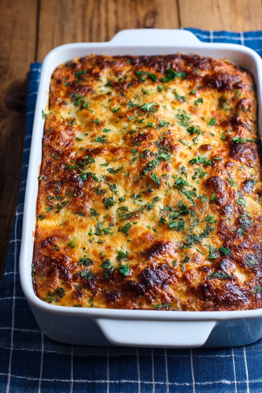 Southwest breakfast casserole - A rectangular white baking dish filled with a baked casserole that has a golden brown top layer of melted cheese, bubbly and slightly crispy around the edges with darker brown spots. The cheese layer is sprinkled with chopped fresh green herbs, likely parsley. The casserole appears thick and dense, with the edges showing some darker browned bits. The dish is placed on a blue cloth with white grid lines over a wooden surface. photo taken with an iphone --ar 2:3 --v 7