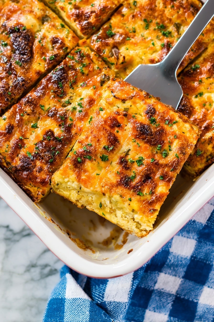 Southwest breakfast casserole - The image shows a close-up view of a cheesy baked casserole in a white ceramic baking dish. The dish is cut into square portions, revealing a golden brown top layer of melted cheese with crispy edges and some spots of darker browning. The cheese layer has a slightly rough texture with scattered green herb bits sprinkled on top. Beneath the cheese, a thicker, creamy layer is visible, likely a mixture of eggs and other ingredients, with some small pieces of vegetables or herbs. The baking dish rests on a white marbled surface with a blue cloth featuring a white checked pattern partially visible under one side of the dish. A metal spatula is placed under one slice, ready to serve, with the tip slightly lifting the piece. photo taken with an iphone --ar 2:3 --v 7