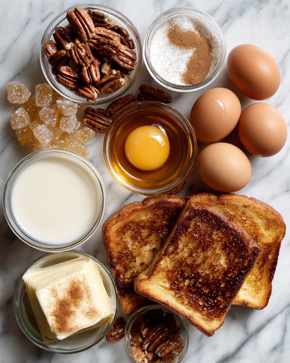 Flat lay of rich pecan pieces, glossy brown sugar crystals, golden maple syrup in a small pool, smooth heavy cream in a clear jar, whole brown eggs with a warm hue, thick slices of golden challah bread, a pat of creamy butter, and a sprinkling of warm cinnamon powder beautifully arranged and balanced on a white marble surface, photo taken with an iphone --ar 2:3 --v 7