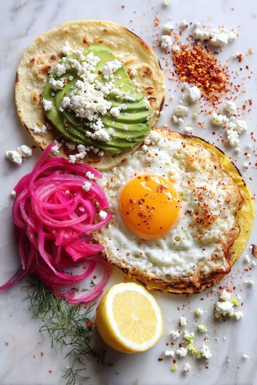 Flat lay of crumbled golden crispy feta cheese, a sunny fried egg with bright yellow yolk, a small toasted tortilla, smooth smashed avocado slices, vibrant pickled red onions, scattered dried oregano leaves, red pepper flakes sprinkled lightly, and a small wedge of fresh lemon placed on a white marble surface, photo taken with an iphone --ar 2:3 --v 7