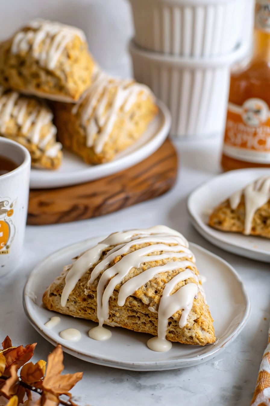 This image shows a stack of five triangular scones placed closely together on a white plate with a detailed rim. Each scone has a rough, crumbly texture and a golden brown color with a slightly darker crust. The scones are generously drizzled with a light cream-colored icing that looks smooth and thick, creating a crisscross pattern on the top and sides, with some icing dripping down the edges. The background is softly blurred, revealing a white marbled texture beneath and hints of other objects but keeping the focus on the scones. Photo taken with an iphone --ar 2:3 --v 7