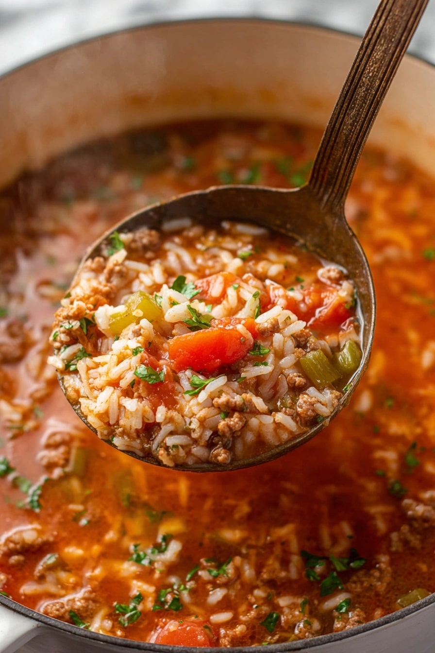 The image shows a close-up of a metal ladle holding a mix of cooked rice, ground meat, and diced red and green vegetables in a rich, reddish broth, steaming hot in a large white pot. The ingredients create a textured look with layers of soft white rice grains, small chunks of bright red tomatoes, green herbs sprinkled on top, and browned meat pieces, all combined in the slightly thick, shiny broth. The background is a white marbled surface that highlights the warm colors of the stew. photo taken with an iphone --ar 2:3 --v 7
