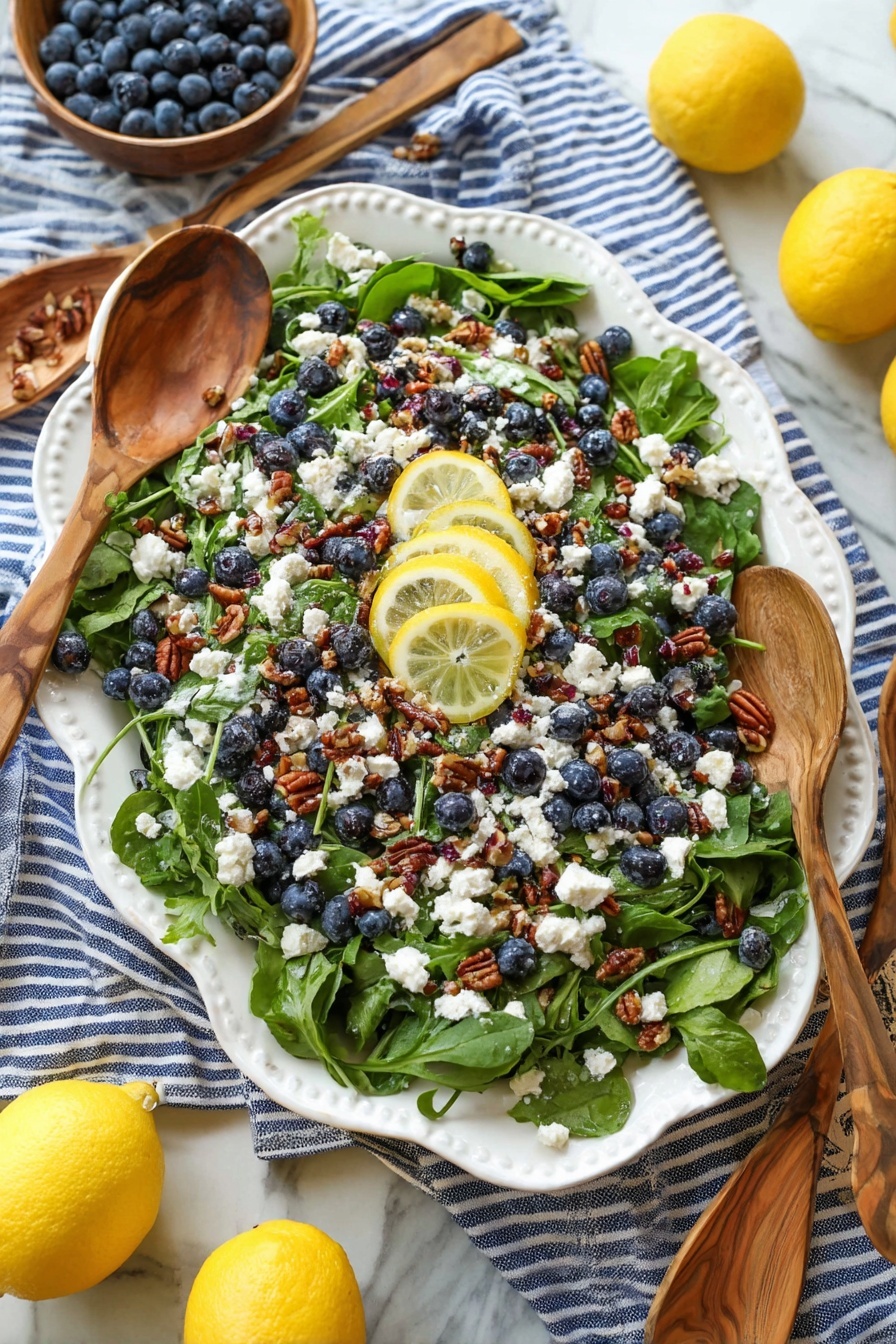 A large white scalloped edge plate holds a fresh salad with three main layers: the first layer is a bed of dark green spinach and arugula leaves spread evenly, the second layer consists of scattered plump, dark blue blueberries and small pieces of white cheese, and the third layer is a sprinkle of small brown pecan pieces and lemon wedges placed on top for color. Two large wooden salad spoons rest on the plate, one on the left and one on the right side of the salad. The plate is placed on a blue and white striped cloth on a white marbled surface, with two bright yellow whole lemons and a small bowl of blueberries near the plate. Photo taken with an iphone --ar 2:3 --v 7