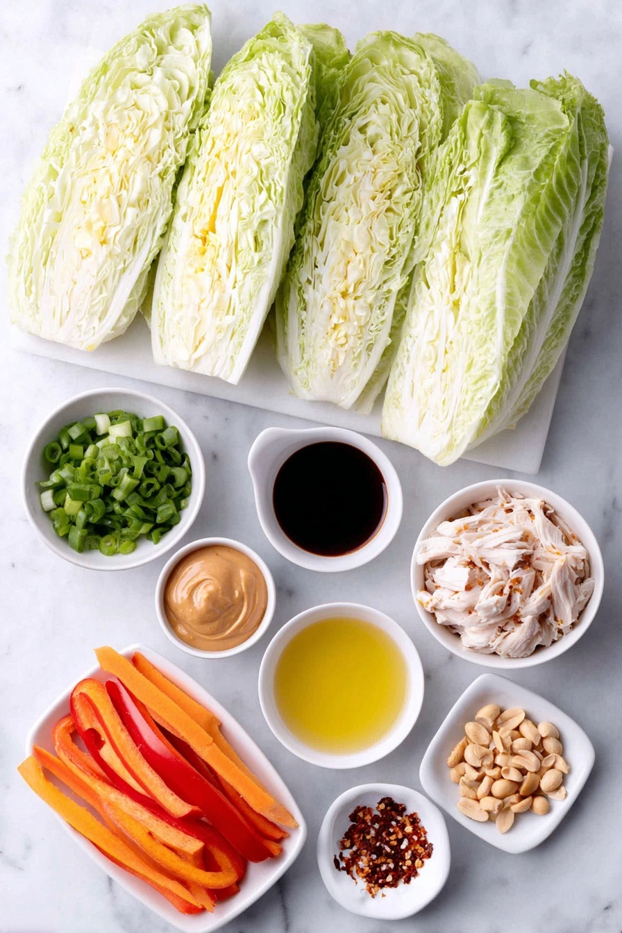 Flat lay of a halved large romaine lettuce with shredded leaves, half a medium head of shredded Napa cabbage, a mound of shredded cooked rotisserie chicken breast, one large red bell pepper sliced into strips, one large julienned carrot, four green onions sliced into rounds, a small pile of roughly chopped cilantro leaves, a small white ceramic bowl filled with creamy peanut butter, a small white ceramic bowl with light olive oil, a small white ceramic bowl of toasted sesame oil, a small white ceramic bowl holding soy sauce, a small white ceramic bowl with rice vinegar, a small white ceramic bowl containing fresh lime juice, a small white ceramic bowl of honey, a small pile of peeled and minced fresh ginger, a small pile of minced garlic cloves, a pinch of Chinese five spice powder arranged neatly, a small sprinkle of red pepper flakes, a small pile of roughly chopped peanuts, and a small white ceramic bowl with toasted sesame seeds, all arranged symmetrically and balanced on a clean white marble surface, soft natural light, photo taken with an iPhone, professional food photography style, fresh ingredients, white ceramic bowls, no bottles, no duplicates, no utensils, no packaging --ar 2:3 --v 7 --p m7354615311229779997