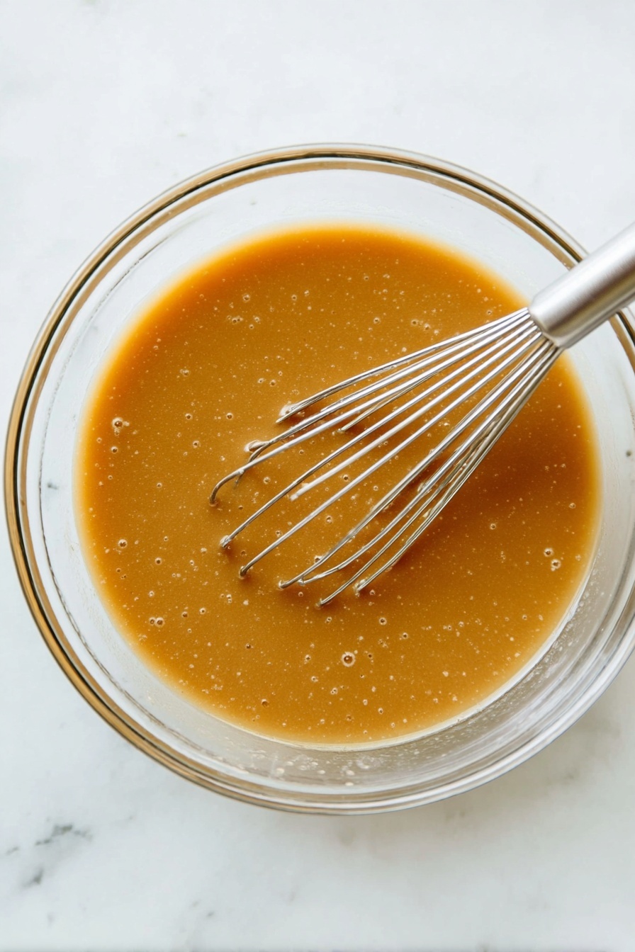 A clear glass bowl contains a smooth, light brown sauce with tiny bubbles on its surface. A silver metal whisk with thin loops is partially dipped into the sauce, resting slightly to the left inside the bowl. The bowl sits on a white marbled surface, adding a clean and bright background to the scene. photo taken with an iphone --ar 2:3 --v 7