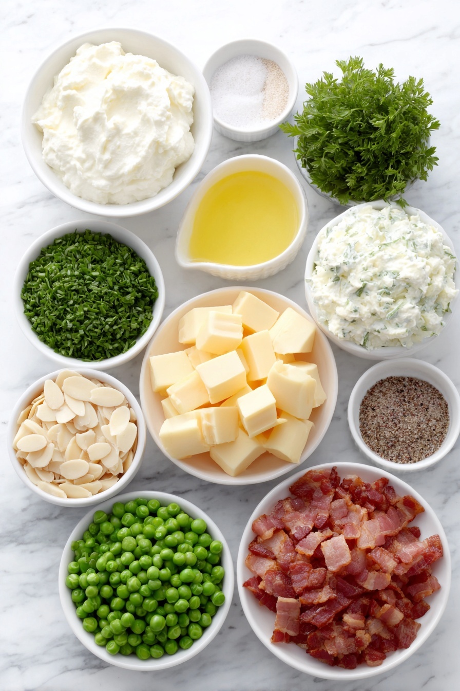 Flat lay of a small white ceramic bowl of sour cream, a small white ceramic bowl of mayonnaise, a small white ceramic bowl of fresh lemon juice, a small white ceramic bowl filled with finely chopped fresh parsley, a small white ceramic bowl with minced fresh chives, a small white ceramic bowl containing chopped fresh dill, a small white ceramic bowl with garlic powder, a small white ceramic bowl of salt, a small white ceramic bowl of black pepper, a pile of bright green fresh petite peas, crispy chopped bacon pieces, tiny cubes of medium cheddar cheese, and toasted slivered almonds arranged in perfect symmetry on a clean white marble surface, soft natural light, photo taken with an iPhone, professional food photography style, fresh ingredients, white ceramic bowls, no bottles, no duplicates, no utensils, no packaging --ar 2:3 --v 7 --p m7354615311229779997