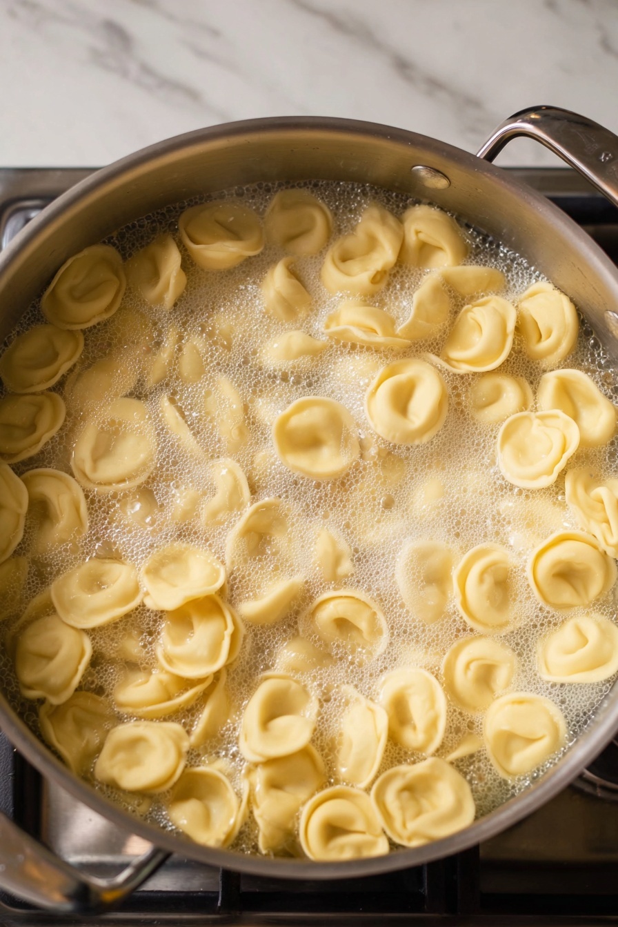 A large silver pot filled with boiling water, with many small round tortellini pasta floating and cooking inside. The tortellini pieces are light yellow and have a smooth, slightly curved shape with a small hollow center. The water is bubbling actively, creating white foam and bubbles on the surface around the pasta. The pot is on a stove with its shiny handles visible on both sides. The background is a white marbled texture. photo taken with an iphone --ar 2:3 --v 7