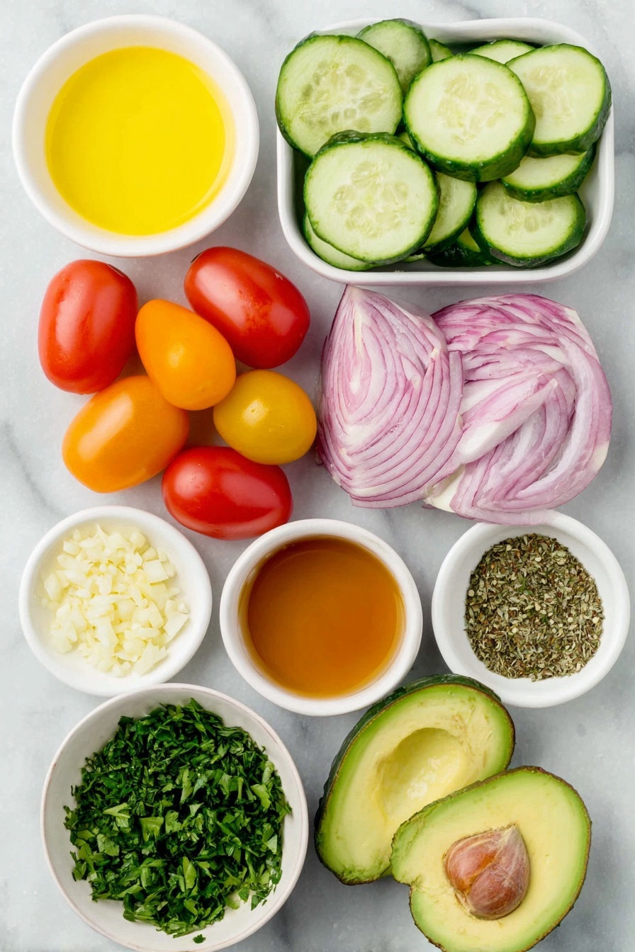 Flat lay of a quartered English cucumber sliced lengthwise with pale green skin and crisp white flesh, a cluster of multicolored grape tomatoes in vibrant red, orange, and yellow, half a small red onion with deep purple layers finely sliced, two firm but ripe avocados sliced into bite-size pale green pieces with a hint of brown seed cavity, small white ceramic bowls holding bright yellow fresh lemon juice, deep red wine vinegar, golden extra virgin olive oil, and smooth amber honey, another white bowl with finely minced fresh garlic, a bowl with chopped bright green cilantro leaves, a bowl with chopped fresh flat-leaf parsley, and a small white bowl containing dried oregano sprinkled lightly, all items arranged with perfect symmetry and balanced proportions placed on a clean white marble surface, soft natural light, photo taken with an iPhone, professional food photography style, fresh ingredients, white ceramic bowls, no bottles, no duplicates, no utensils, no packaging --ar 2:3 --v 7 --p m7354615311229779997