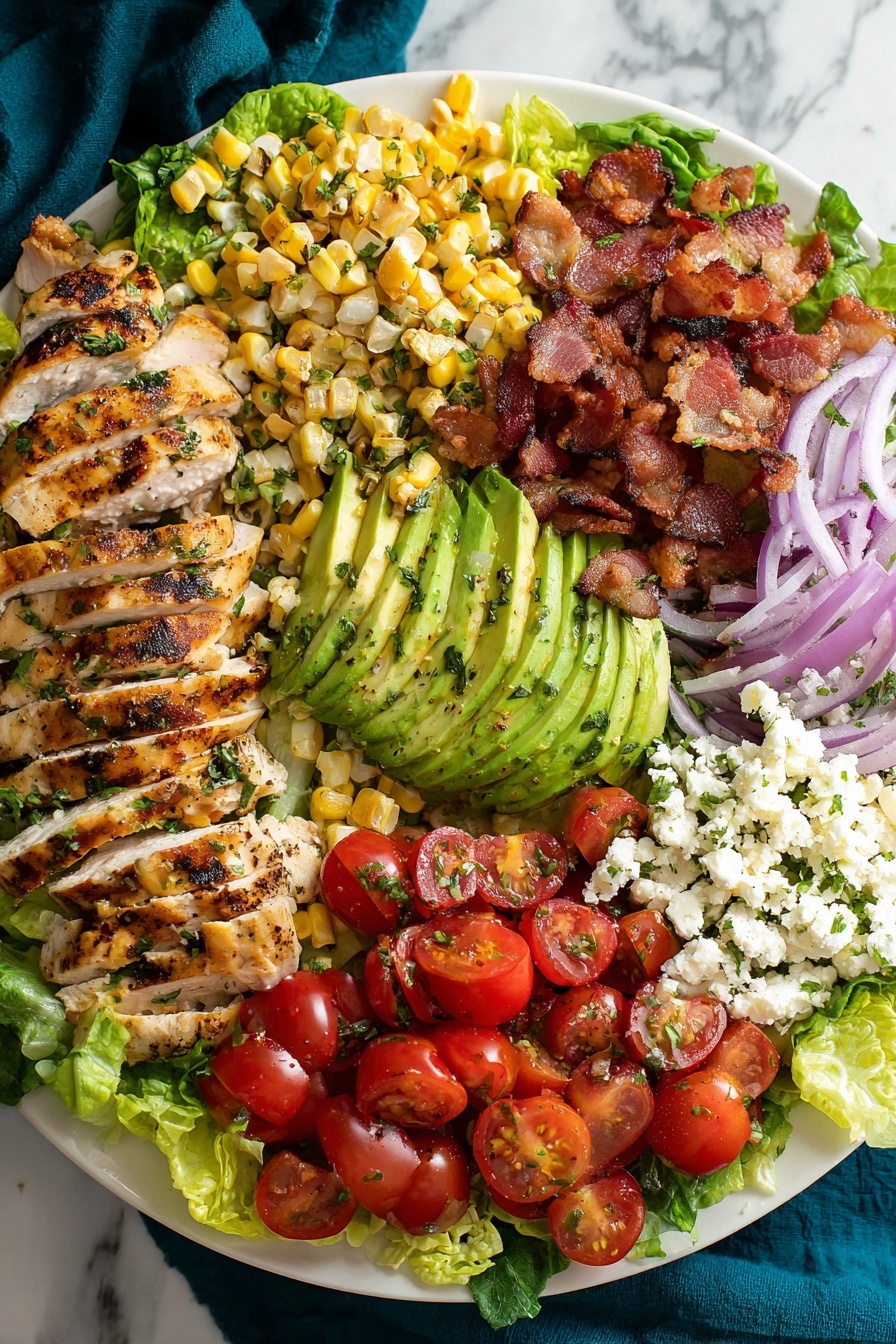 A white plate is filled with a fresh salad layered with bright green lettuce base. On top, the first layer has grilled chicken slices placed on the left side, showing a golden-brown char with herbs sprinkled. Next to the chicken, there is a layer of grilled corn kernels with light char marks and some green herbs. Moving right, a pile of crispy cooked bacon bits with a shiny red-brown texture sits beside a neatly fanned out green avocado slices sprinkled with herbs and small bits of garlic. To the right of the avocado, thin slices of purple onion form a small pile. At the bottom right, there is a white crumbly cheese sprinkled with herbs. Finally, in the bottom center of the plate, halved bright red cherry tomatoes with a shiny, fresh look complete the colorful salad. The plate is placed on a white marbled texture surface with a dark teal cloth nearby. Photo taken with an iphone --ar 2:3 --v 7