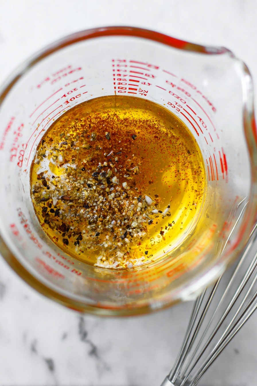 The image shows a clear glass measuring cup filled with a golden yellow liquid layer at the bottom, with black and light brown spices scattered on top, creating a speckled texture. The cup is placed on a white marbled surface, and part of a silver whisk is visible on the right side of the frame. The measuring cup has red measurement markings along the side, helping to show the amount of liquid inside. photo taken with an iphone --ar 2:3 --v 7