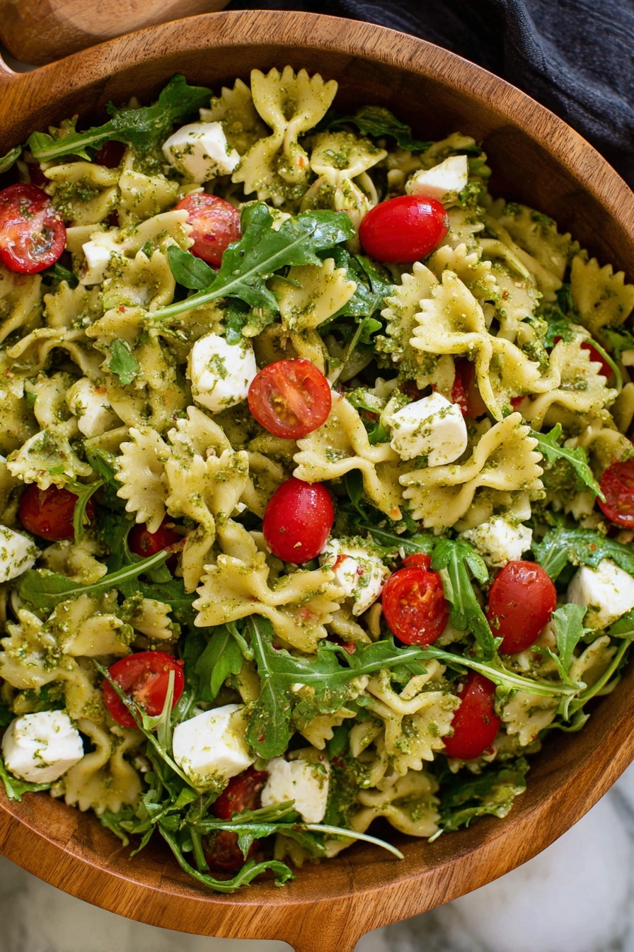 The image shows a close-up of a wooden bowl filled with a colorful pasta salad. The salad has three main layers: the first is small bowtie-shaped pasta coated lightly with green pesto sauce, making them look slightly shiny and textured. The second layer is bright red cherry tomatoes, some whole and some cut in half, scattered evenly across the pasta. The third layer is fresh dark green arugula leaves mixed throughout, giving a leafy texture and extra color contrast. Small chunks of white mozzarella cheese are spread all over the salad, adding a soft and creamy touch. The bowl is placed on a white marbled surface with a dark cloth visible near the top edge. photo taken with an iphone --ar 2:3 --v 7