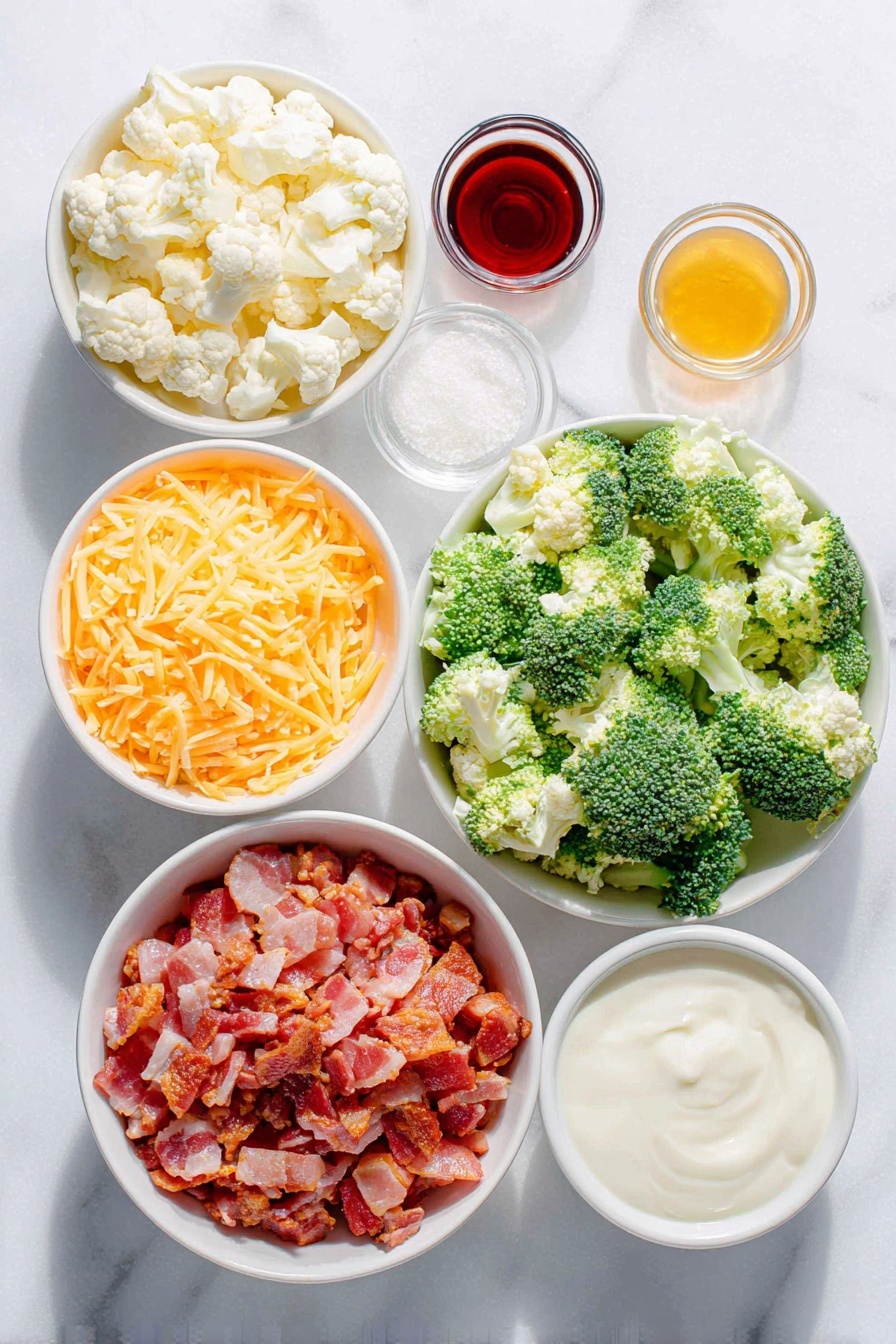 Flat lay of small diced broccoli florets, small diced cauliflower florets, crisp cooked diced bacon pieces, small cubes of Colby Jack cheese, chopped red onion, whole brown eggs with clean shells, a small white ceramic bowl of plain Greek yogurt, a small white ceramic bowl of light mayonnaise, a small white ceramic bowl of golden honey, a small white ceramic bowl of deep red wine vinegar, a small white ceramic bowl of granulated sugar, a small white ceramic bowl of salt, placed on a clean white marble surface, soft natural light, photo taken with an iPhone, professional food photography style, fresh ingredients, white ceramic bowls, no bottles, no duplicates, no utensils, no packaging --ar 2:3 --v 7 --p m7354615311229779997