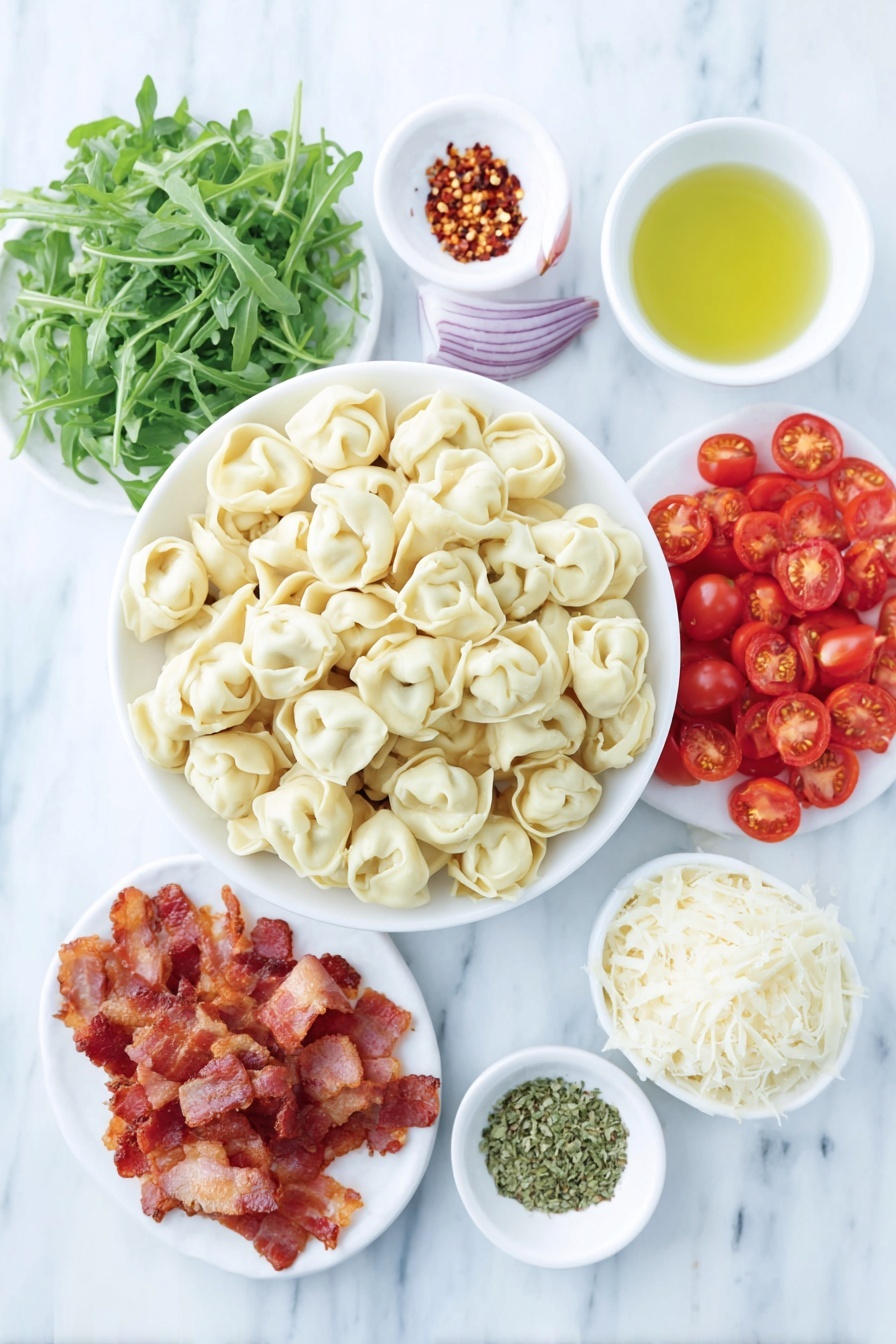 Flat lay of a small mound of fresh, plump cheese tortellini pasta, a few thick crispy chopped bacon pieces, a handful of vibrant green baby arugula leaves, a small cluster of glossy red grape tomatoes halved, several bright red roasted bell pepper strips, a small pile of thinly sliced pale purple red onion rings, a neat heap of finely grated pale yellow parmesan cheese, a small white ceramic bowl filled with clear golden olive oil, a small white ceramic bowl with fresh pale yellow lemon juice, a small white ceramic bowl containing minced white garlic, another small white bowl holding dried green basil flakes, and a tiny white bowl with red pepper flakes, all arranged in perfect symmetry on a clean white marble surface, soft natural light, photo taken with an iPhone, professional food photography style, fresh ingredients, white ceramic bowls, no bottles, no duplicates, no utensils, no packaging --ar 2:3 --v 7 --p m7354615311229779997