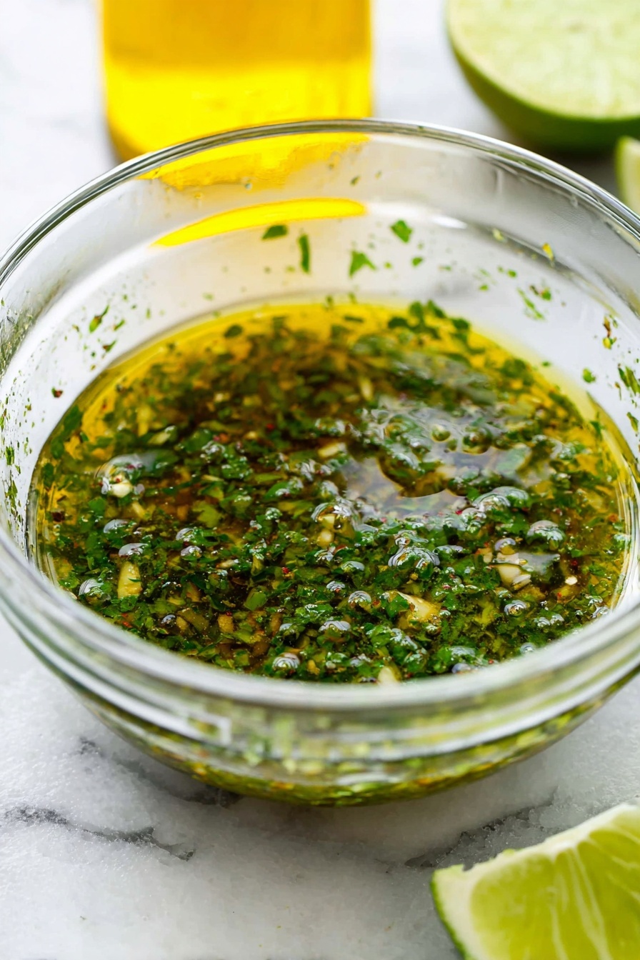 A clear glass bowl filled with a green herb sauce with finely chopped herbs floating in a thin oily liquid layer, showing tiny bits of garlic and herbs spread throughout. The bowl sits on a white marbled surface with a bright yellow bottle of oil blurred in the background toward the top left, and two halves of a squeezed lime placed near the bottom right corner. The sauce has a shiny, wet texture, and condensation drops cling to the inside of the bowl. Photo taken with an iphone --ar 2:3 --v 7