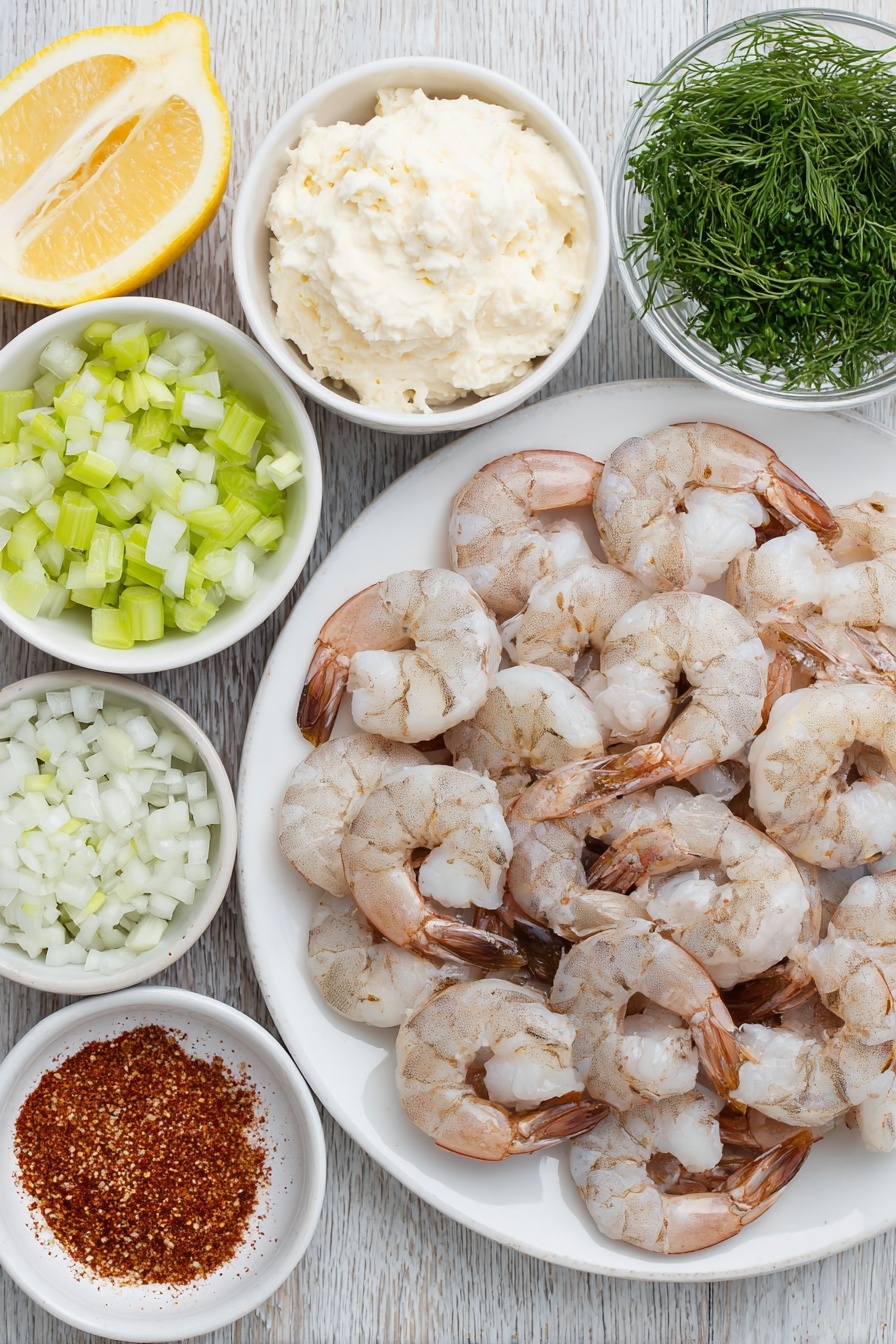 Flat lay of medium shrimp with shells on arranged neatly, a small white bowl of creamy mayonnaise, a small white bowl of fresh lemon juice beside lemon zest on a clean white ceramic plate, diced celery in a small white bowl, a small white bowl of heaping diced red onion, chopped fresh parsley sprigs, minced fresh dill arranged in a small white bowl, a pinch of vibrant cayenne pepper in a tiny white bowl, whole fresh lemon with a zesting strip on a white plate, all ingredients placed symmetrically on a clean white marble surface, soft natural light, photo taken with an iPhone, professional food photography style, fresh ingredients, white ceramic bowls, no bottles, no duplicates, no utensils, no packaging --ar 2:3 --v 7 --p m7354615311229779997