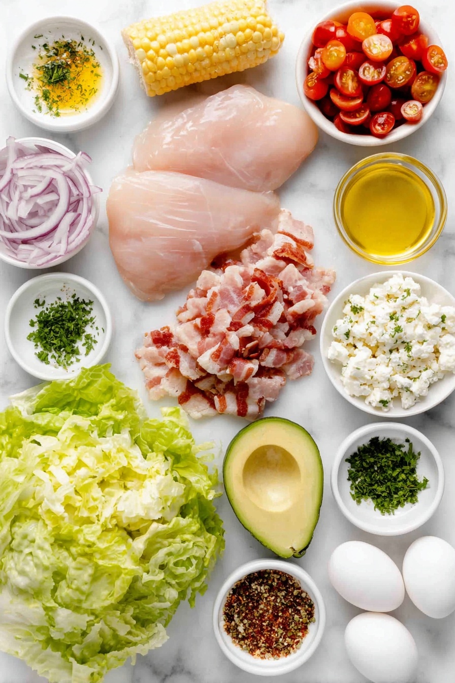 Flat lay of boneless skinless chicken breasts, two fresh ears of husked corn, a large head of chopped Romaine lettuce, six slices of cooked and chopped bacon, a handful of halved grape tomatoes, thinly sliced red onion, one sliced ripe avocado, crumbled feta cheese in a small white bowl, a small white bowl of olive oil, a small white bowl of fresh lemon juice, finely chopped fresh parsley, dried oregano sprinkled neatly, a small white bowl of Dijon mustard, a small white bowl of honey, minced garlic scattered modestly, whole uncracked eggs with clean shells arranged symmetrically, placed on a clean white marble surface, soft natural light, photo taken with an iPhone, professional food photography style, fresh ingredients, white ceramic bowls, no bottles, no duplicates, no utensils, no packaging --ar 2:3 --v 7 --p m7354615311229779997