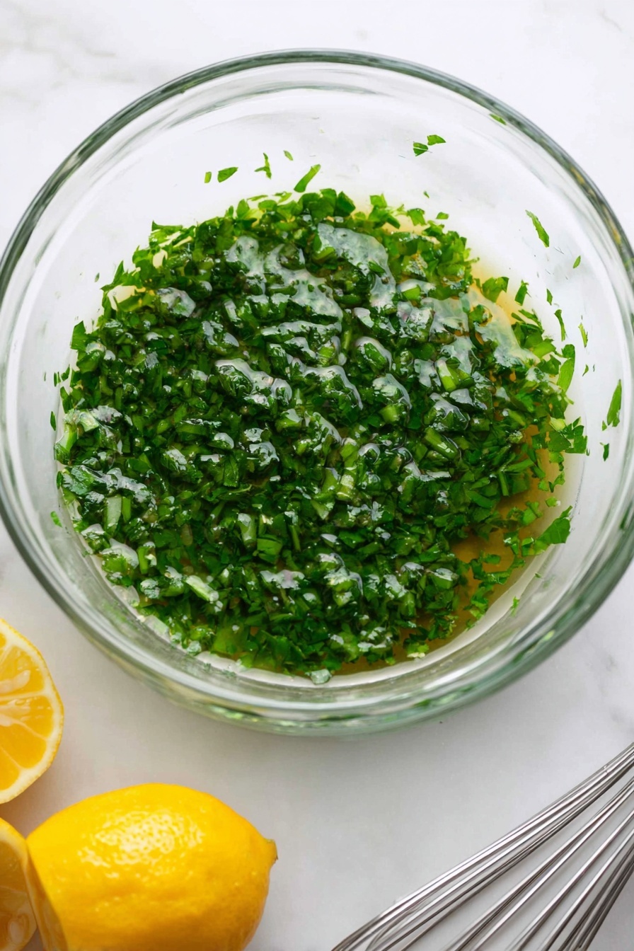A clear glass bowl filled with a fresh green mixture of chopped herbs and liquid, showing small pieces of leaves floating in a shiny, oily base. To the left of the bowl, there are two squeezed lemon halves with a yellow color and textured inside, while at the bottom right corner, a silver whisk is partly visible on a white marbled surface. The whole scene is bright and clean, emphasizing the fresh ingredients. photo taken with an iphone --ar 2:3 --v 7