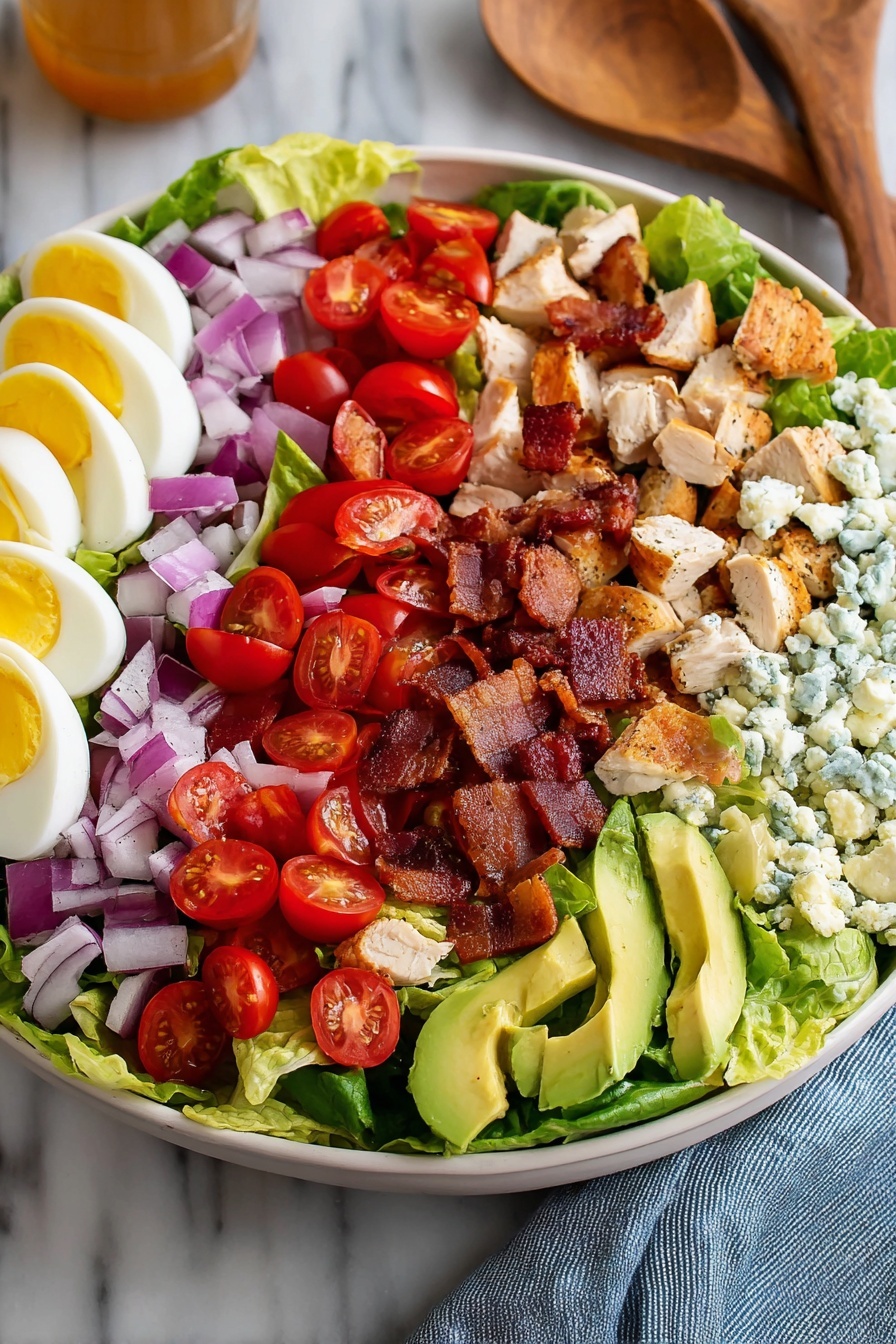 A large white bowl holds a salad with six horizontal layers. The bottom layer is green lettuce leaves, spreading under all other ingredients. On the left, round pieces of purple onion sit on the lettuce. Next to the onion are wedges of hard-boiled eggs with white and yellow colors. Beside the eggs is a bright red layer of halved cherry tomatoes. In the middle, there are small cubes of cooked chicken with a light brown outside. Next to the chicken is a layer of crispy bacon pieces in dark red and brown. On the far right, avocado chunks with pale green color sit above the lettuce, and next to them is a crumbly layer of white and blue cheese bits. The bowl is on a white marbled surface with wooden salad spoons nearby. photo taken with an iphone --ar 2:3 --v 7
