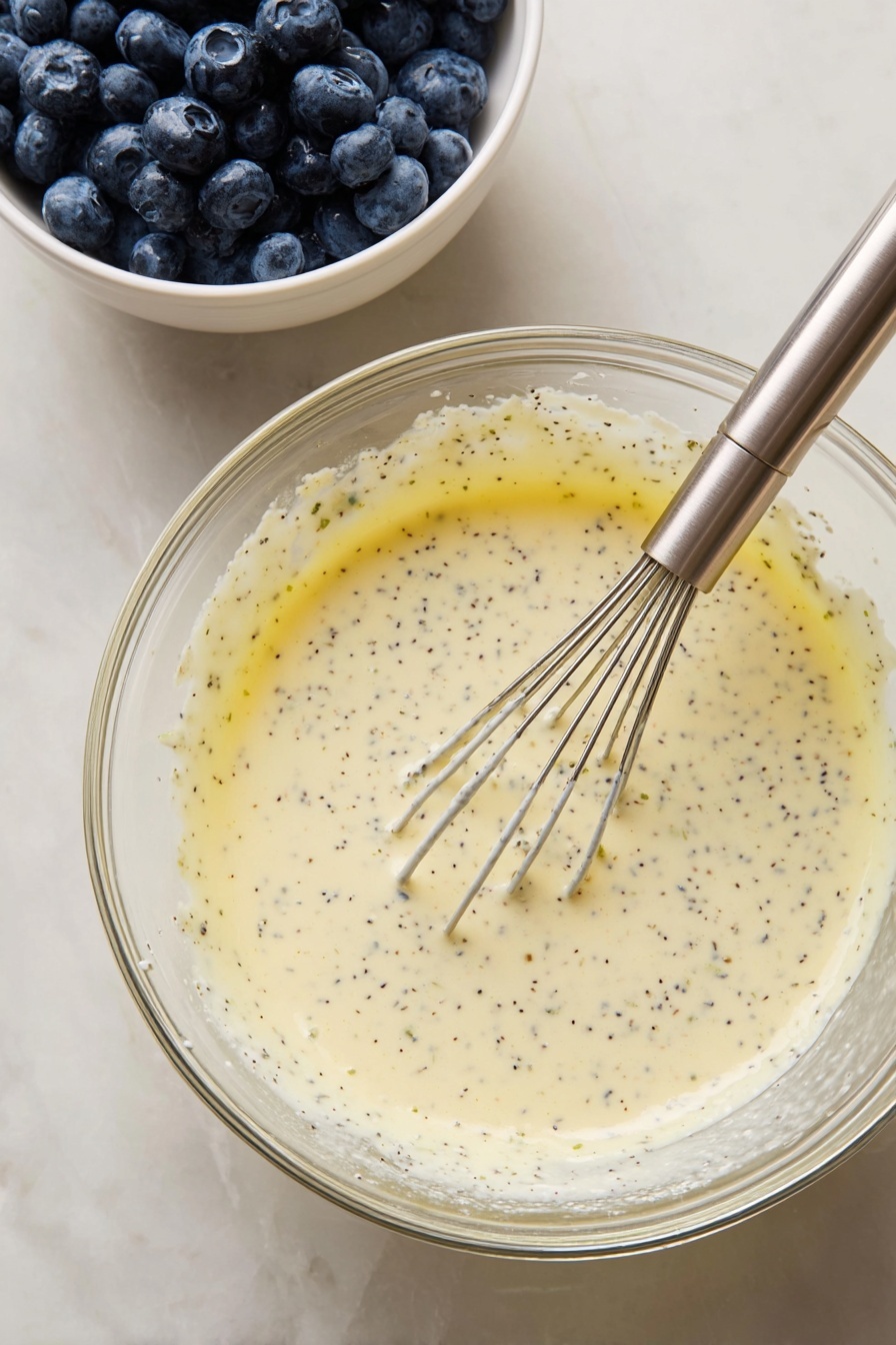 The image shows a clear glass bowl placed on a white marbled surface, filled with a pale yellow batter that has tiny black seeds sprinkled throughout. A metal whisk with a shiny handle dips into the batter, slightly lifting some of the mixture. To the left of the bowl, there is a white bowl filled with dark blue, plump blueberries. The batter's texture looks smooth but with small specks and bubbles throughout. The overall setting is bright with soft natural light. photo taken with an iphone --ar 2:3 --v 7