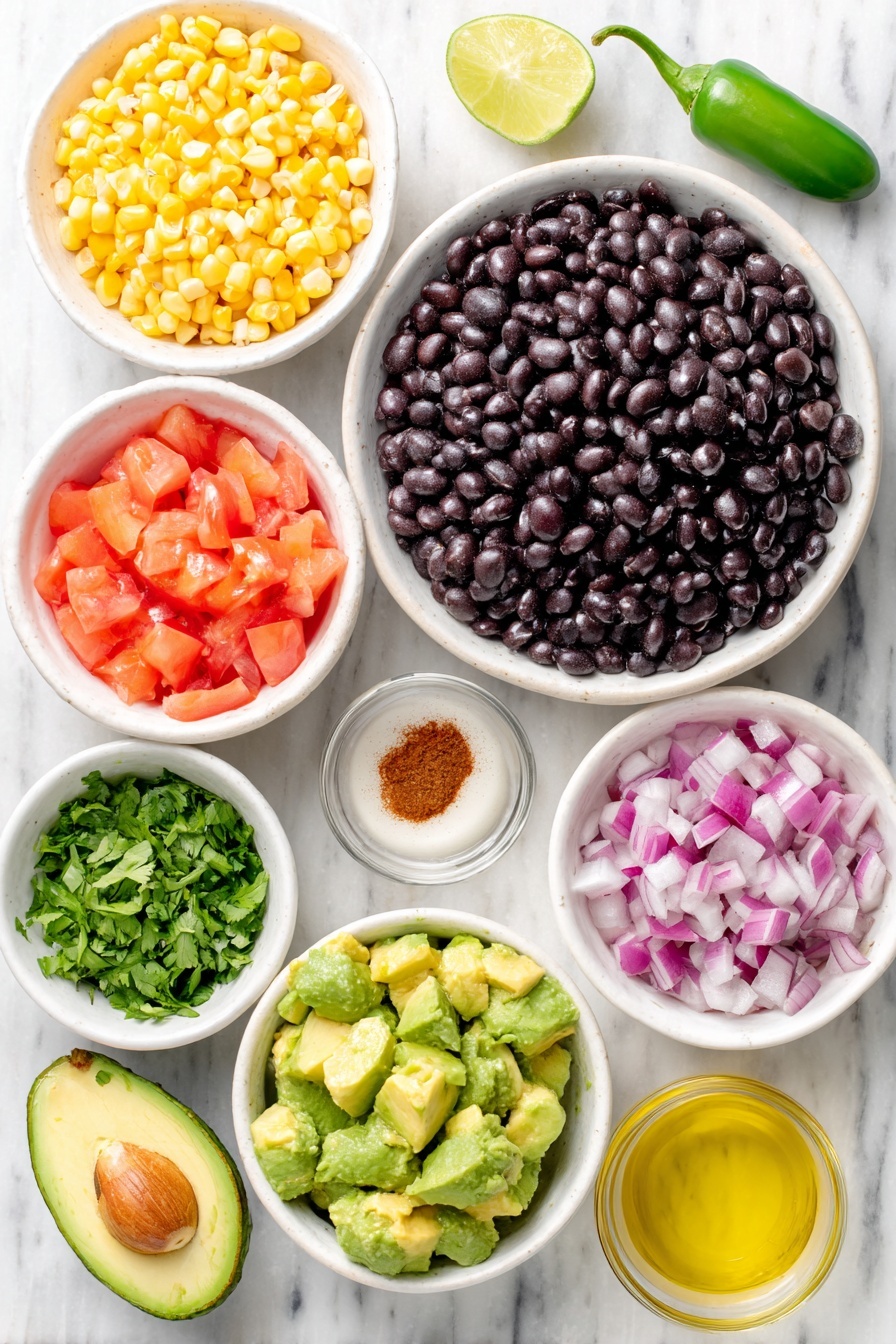 Flat lay of a small white ceramic bowl of shiny black beans, a small white bowl of bright yellow corn kernels, a small white bowl of chopped red Roma tomatoes, a small white bowl of vibrant orange diced bell pepper, a small white bowl of finely diced purple-red onion, a medium ripe avocado cut into cubes showing its green flesh and large seed cavity, a whole small green jalapeno pepper, a small white bowl of golden olive oil, a small white bowl of fresh pale green lime juice, a small white bowl of chopped fresh cilantro leaves, a whole garlic clove, a small white bowl of amber honey, and small heaps of ground cumin and chili powder placed symmetrically on a clean white marble surface, soft natural light, photo taken with an iPhone, professional food photography style, fresh ingredients, white ceramic bowls, no bottles, no duplicates, no utensils, no packaging --ar 2:3 --v 7 --p m7354615311229779997