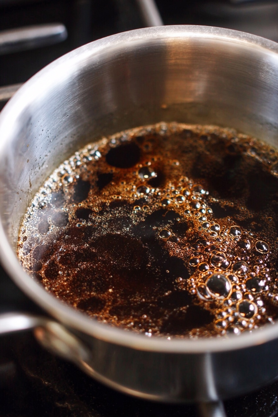 A shiny silver pot sits on a stove, filled with a bubbling dark brown liquid. The liquid has a glossy surface with bubbles of different sizes, and light reflections create soft shiny spots on top. The inner pot walls are smooth and silver, showing some steam marks. The scene is simple with the focus on the vibrant and rich dark brown liquid cooking inside the pot. photo taken with an iphone --ar 2:3 --v 7