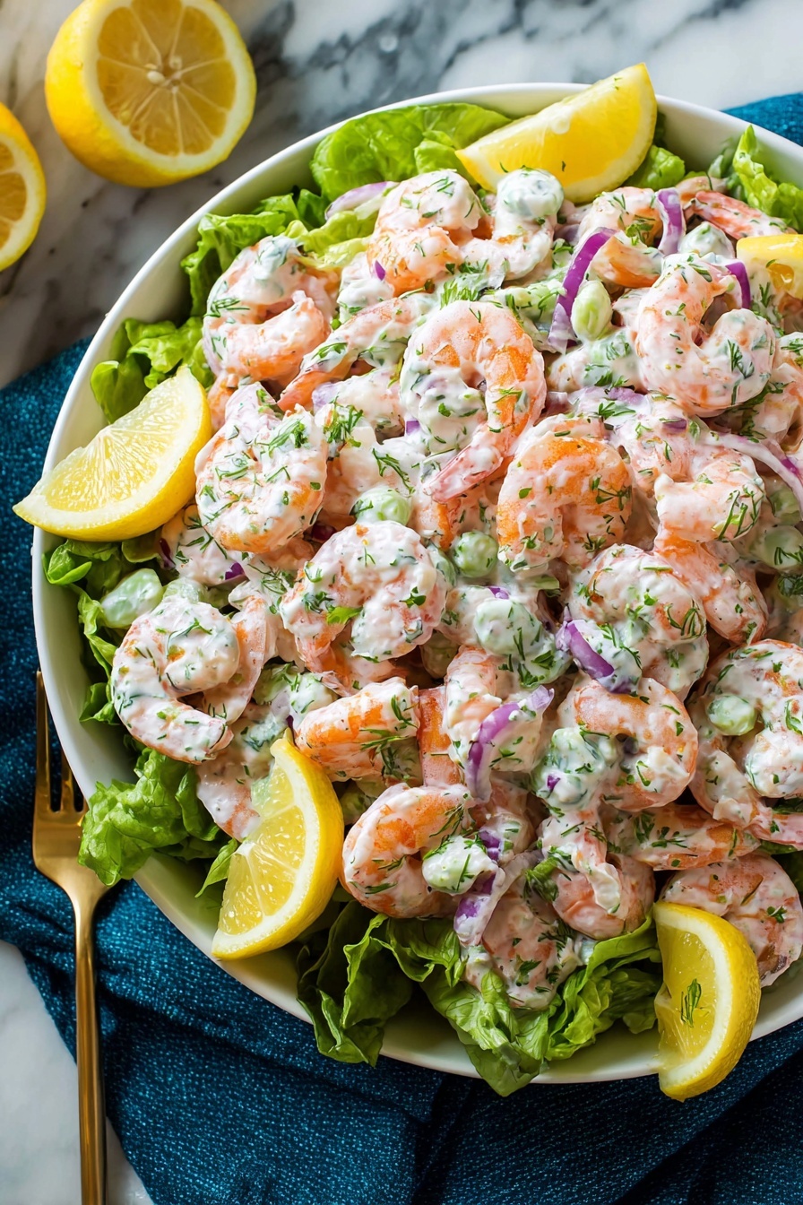 A white bowl filled with a shrimp salad layered on a bed of bright green lettuce leaves. The shrimp are pink-orange, mixed with a creamy white sauce dotted with small green herbs and pieces of purple onion. There are two lemon wedges placed on the edges of the bowl, adding a pop of bright yellow. The bowl sits on a dark blue cloth on a white marbled surface. photo taken with an iphone --ar 2:3 --v 7