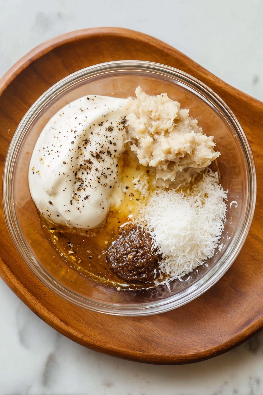 A clear glass bowl with five separate layers inside sits on a rounded wooden board over a white marbled surface. Starting from the top left, there is a thick white creamy layer with specks of ground black pepper on it. Moving clockwise, the next layer is a chunky beige paste with small bits of minced garlic on top. Below that is a light amber, oily liquid. In the center bottom area, there is a dark brown, thick paste. The final layer on the bottom left consists of fine, white grated cheese. Each layer contrasts against the clear glass bowl and the wooden board beneath. Photo taken with an iphone --ar 2:3 --v 7