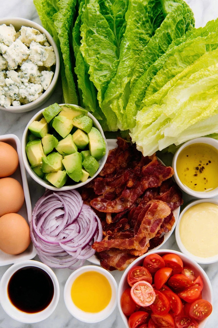 Flat lay of crisp chopped romaine lettuce leaves, whole uncracked large brown eggs, thick slices of cooked crispy bacon, ripe diced avocado with bright green flesh, halved shiny red grape tomatoes, thinly sliced translucent red onion rings, a small white bowl of crumbled blue cheese, a small white bowl of golden olive oil, a small white bowl of deep red wine vinegar, a small white bowl of pale yellow lemon juice, a small white bowl containing smooth Dijon mustard, a small white bowl with amber honey, and a small white bowl with coarse black pepper and salt placed symmetrically around the ingredients, all arranged on a simple white ceramic surface, placed on a clean white marble surface, soft natural light, photo taken with an iPhone, professional food photography style, fresh ingredients, white ceramic bowls, no bottles, no duplicates, no utensils, no packaging --ar 2:3 --v 7 --p m7354615311229779997