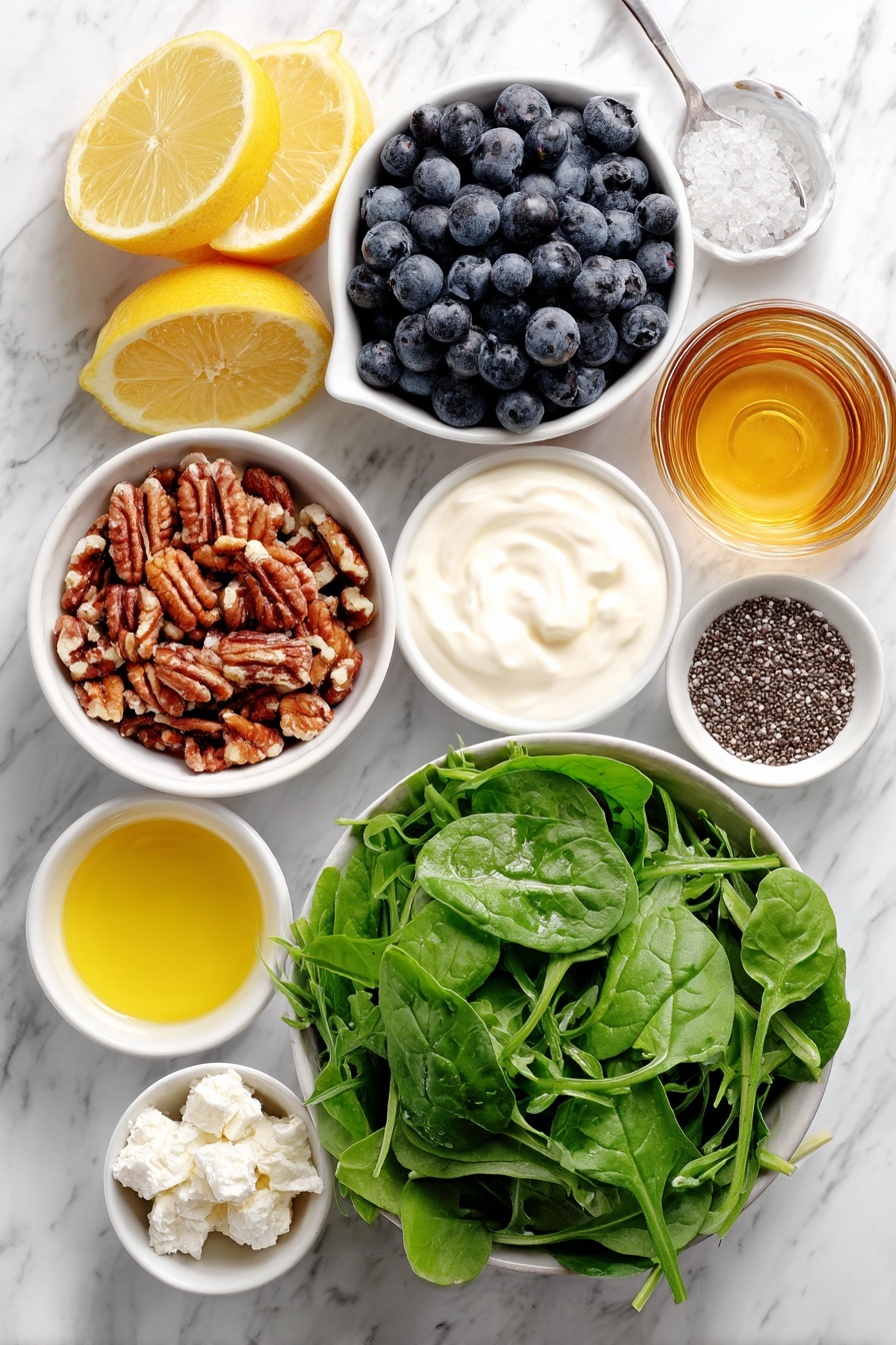 Flat lay of fresh baby spinach leaves, tender baby arugula sprigs, a small white bowl filled with plump fresh blueberries, a small white bowl with creamy crumbled feta cheese, a small white bowl holding chopped toasted pecans, a small white bowl containing bright fresh lemon juice, a few fresh lemon slices with zest, a small white bowl with golden olive oil, a small white bowl of thick whole plain Greek yogurt, a small white bowl of glossy honey, a small white bowl of tiny black poppy seeds, and a small white bowl of fine sea salt crystals, all arranged symmetrically and balanced on a clean white marble surface, soft natural light, photo taken with an iPhone, professional food photography style, fresh ingredients, white ceramic bowls, no bottles, no duplicates, no utensils, no packaging --ar 2:3 --v 7 --p m7354615311229779997