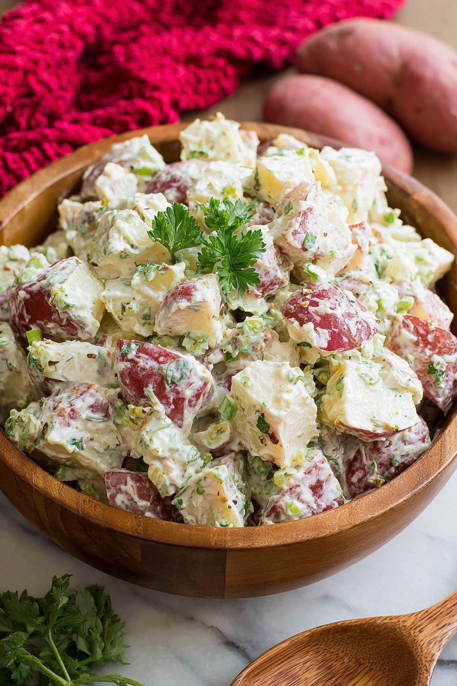 The image shows a wooden bowl filled with creamy potato salad, featuring chunky pieces of red-skinned potatoes covered in a white, herbed dressing. Green herbs and small bits of celery or green onions are mixed throughout, adding texture and color. There are a few parsley leaves on top for garnish. The bowl sits on a white marbled surface, with a red textured cloth in the background and two whole red potatoes nearby. A wooden spoon is placed beside the bowl. Photo taken with an iphone --ar 2:3 --v 7
