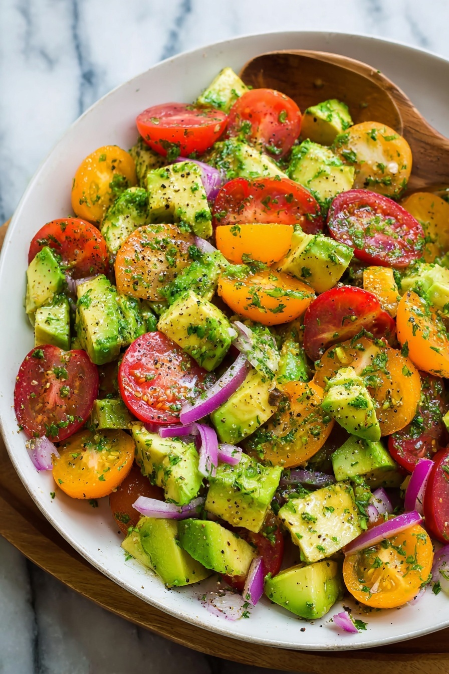 A colorful salad in a white bowl on a wooden tray over a white marbled surface, featuring three main visible layers: the base layer of mixed sliced cherry tomatoes in red, yellow, and orange with smooth shiny skins, the middle layer of diced green avocado chunks with a creamy texture, and thin slices of purple-red onion scattered throughout. The salad is sprinkled with chopped green herbs and black pepper, adding texture and color contrast. A wooden spoon is partially visible on the right side resting in the bowl. Photo taken with an iphone --ar 2:3 --v 7