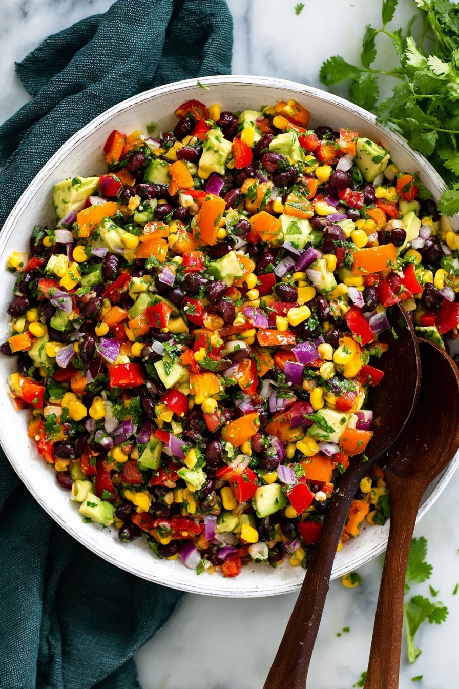 A large white bowl filled with a colorful salad made of many small chopped pieces including black beans, yellow corn, red and orange bell peppers, red onion, avocado, tomatoes, and green herbs mixed evenly throughout. Two dark wooden salad spoons rest on the side of the bowl. The bowl sits on a white marbled surface with a dark green cloth napkin partially under it and some fresh cilantro visible at the top right corner. photo taken with an iphone --ar 2:3 --v 7