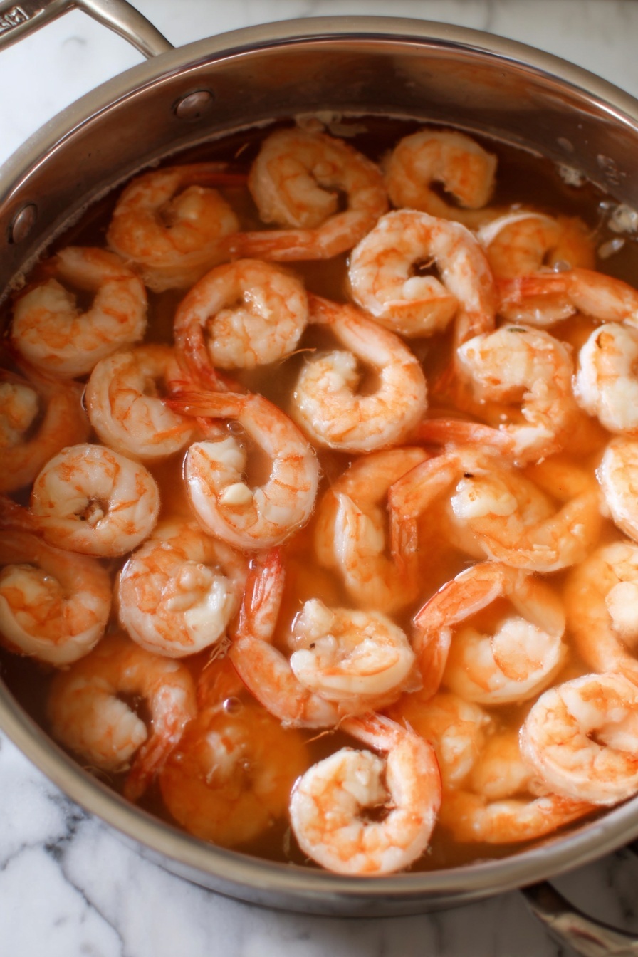 A shiny silver pot filled with many small cooked shrimp floating in a clear light pinkish-orange broth. The shrimp are spread evenly throughout the pot, some curled, showing their orange color with light texture details on their shells. The background has a white marbled surface under the pot. photo taken with an iphone --ar 2:3 --v 7