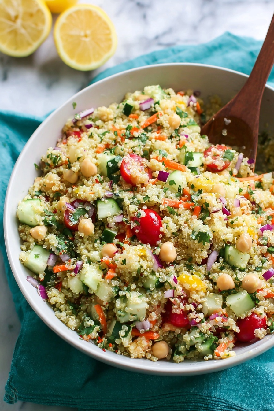 A white bowl filled with a colorful quinoa salad sits on a teal cloth over a white marbled surface. The salad contains three main layers mixed together: light yellow quinoa grains forming the base, bright green cucumber chunks and finely chopped herbs scattered throughout, and small cherry red tomatoes along with pale beige chickpeas adding bursts of color. There are also small bits of purple onion and orange shredded carrot mixed in for extra texture. A wooden spoon rests partially inside the bowl, with some salad on it. In the background, two yellow lemon halves are slightly out of focus. Photo taken with an iphone --ar 2:3 --v 7