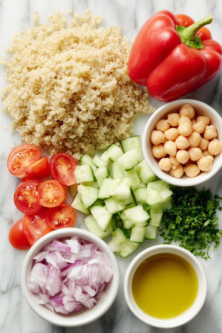 Flat lay of a small mound of fluffy cooked quinoa, a whole large red bell pepper with vibrant glossy skin, a small pile of diced English cucumber with pale green and white hues, halved shiny grape tomatoes in rich red tones, a neat small heap of shredded bright orange carrot, finely chopped red onion with purplish-white layers, a small cluster of beige chickpeas, fresh chopped parsley with bright green leaves, fresh chopped cilantro with delicate green leaves, two peeled garlic cloves, and three small white ceramic bowls containing golden olive oil, pale yellow lemon juice, and deep red wine vinegar respectively, all arranged symmetrically on a clean white marble surface, soft natural light, photo taken with an iPhone, professional food photography style, fresh ingredients, white ceramic bowls, no bottles, no duplicates, no utensils, no packaging --ar 2:3 --v 7 --p m7354615311229779997